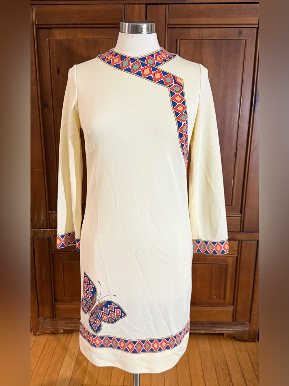 Vintage 60s 70s Mr. Dino Mod Cream Butterfly Geometric Shift Dress Sz 10